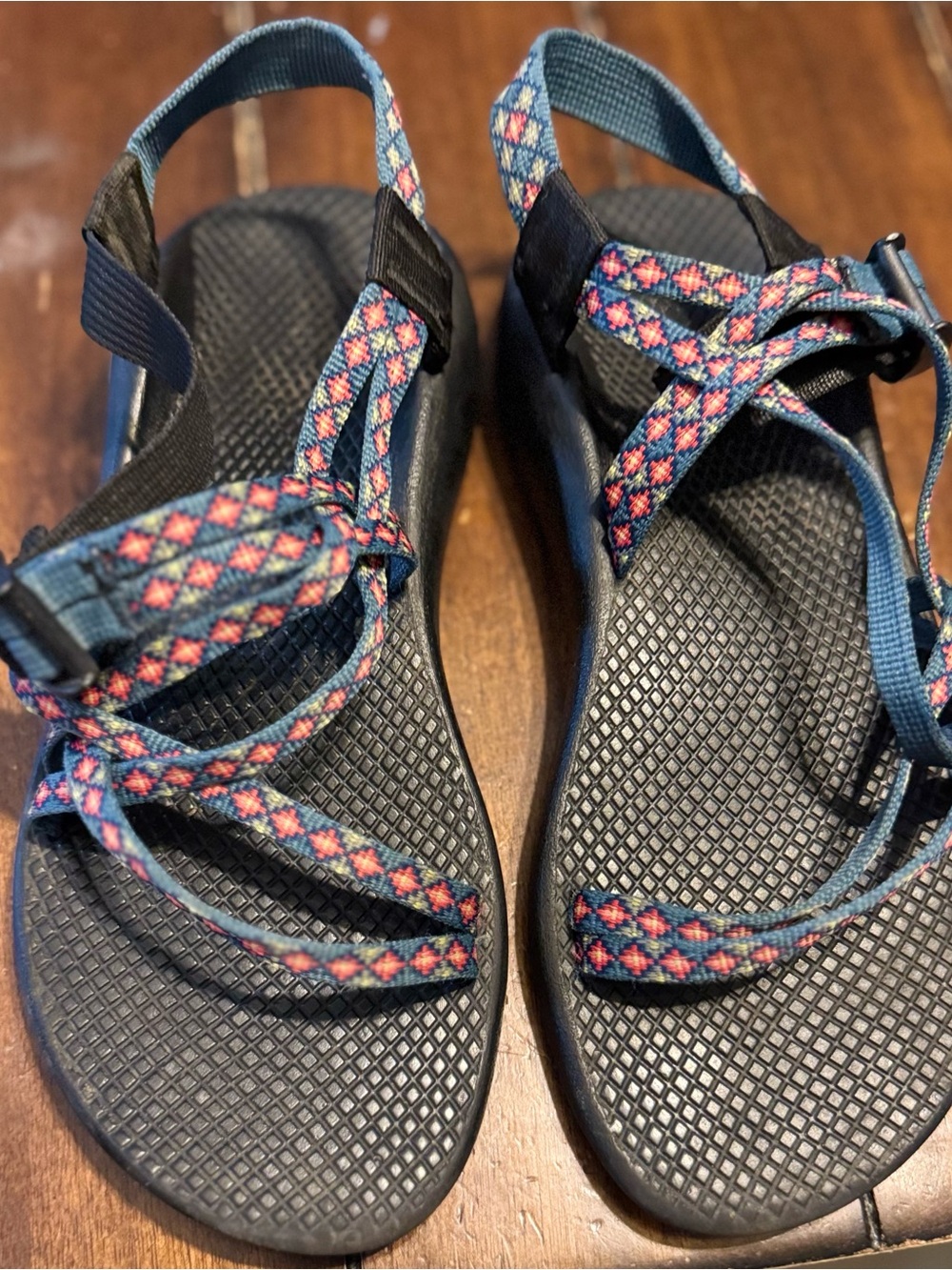 Chaco Women's Blue Sandals with Coral Patterned Straps